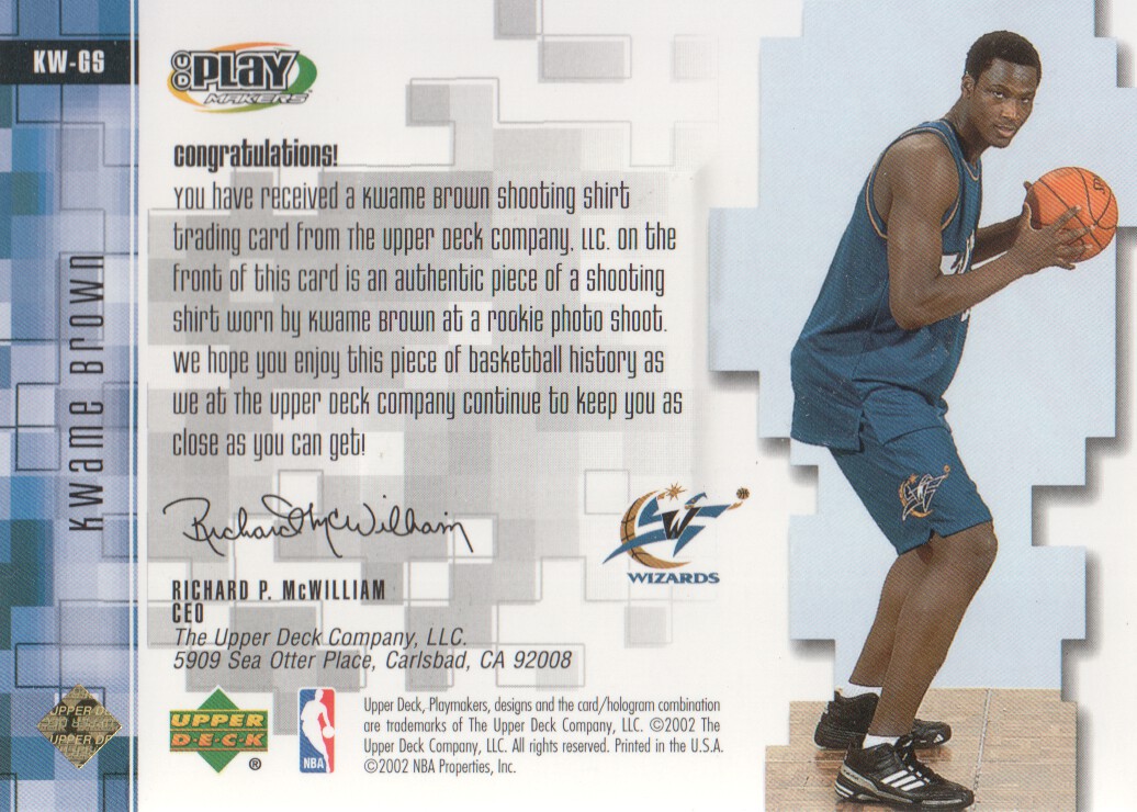 2001-02 Upper Deck Playmakers PC Shooting Shirt Gold #KWGS Kwame Brown back image