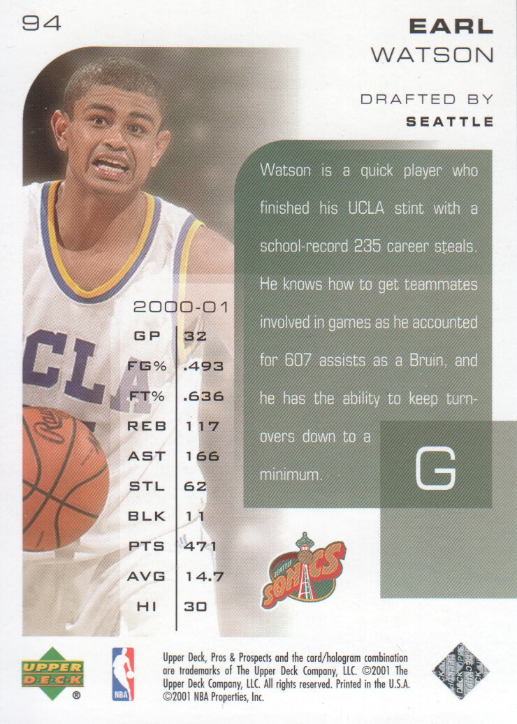 2001-02 Upper Deck Pros and Prospects #94 Earl Watson RC back image