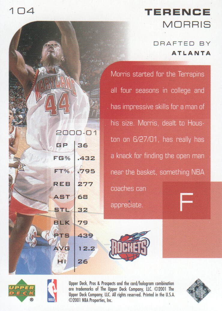 2001-02 Upper Deck Pros and Prospects #104 Terence Morris RC back image