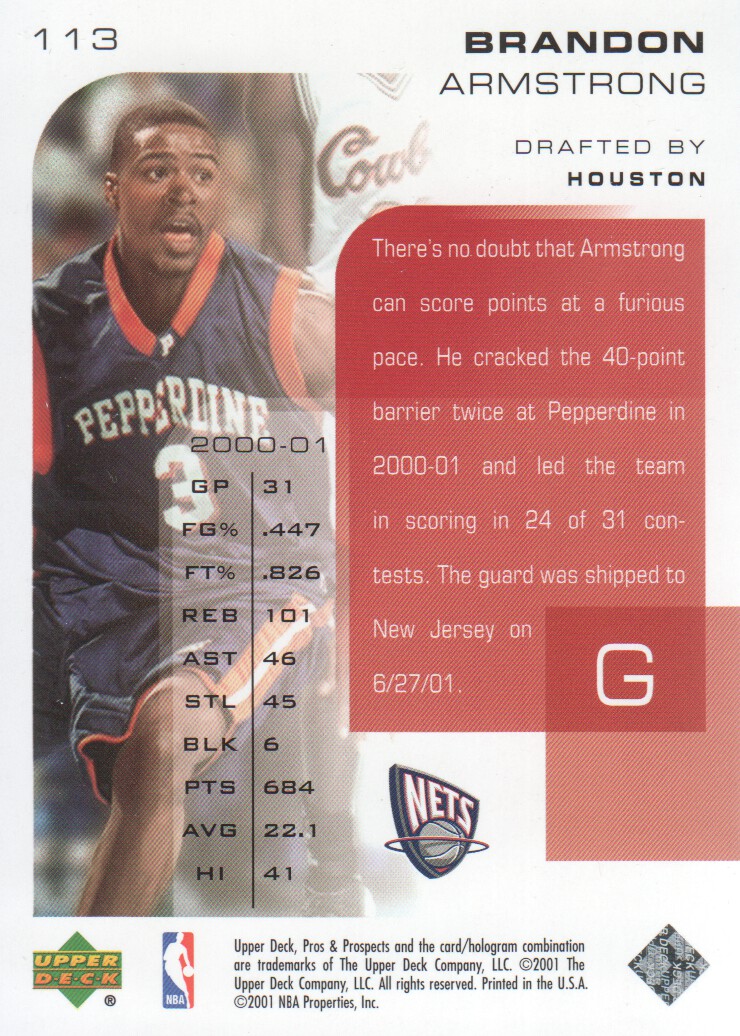 2001-02 Upper Deck Pros and Prospects #113 Brandon Armstrong RC back image