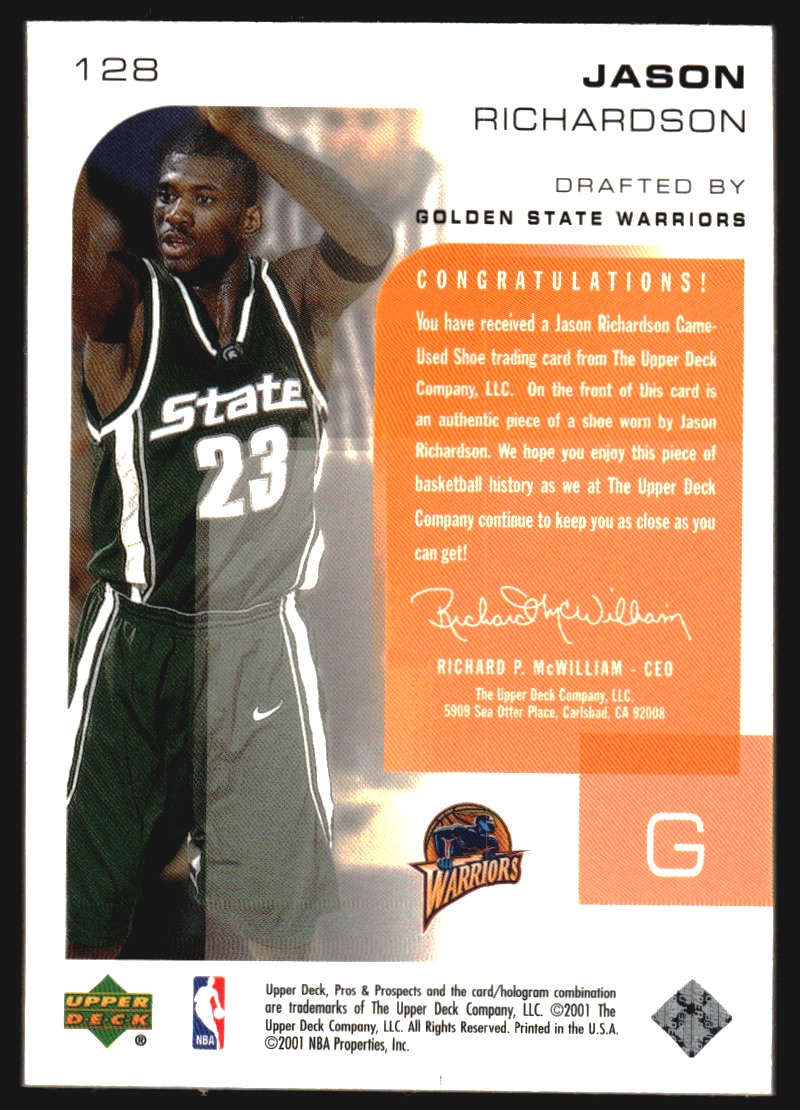 2001-02 Upper Deck Pros and Prospects Rookie Memorabilia #128 Jason Richardson Shoe back image