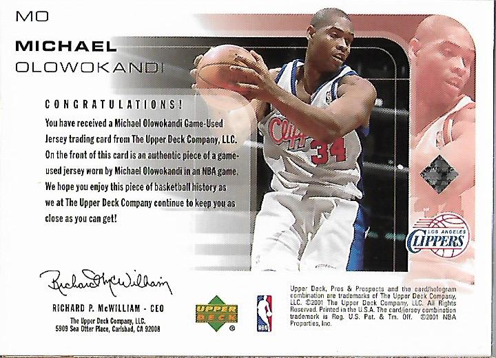 2001-02 Upper Deck Pros and Prospects Game Jerseys #MO Michael Olowokandi back image