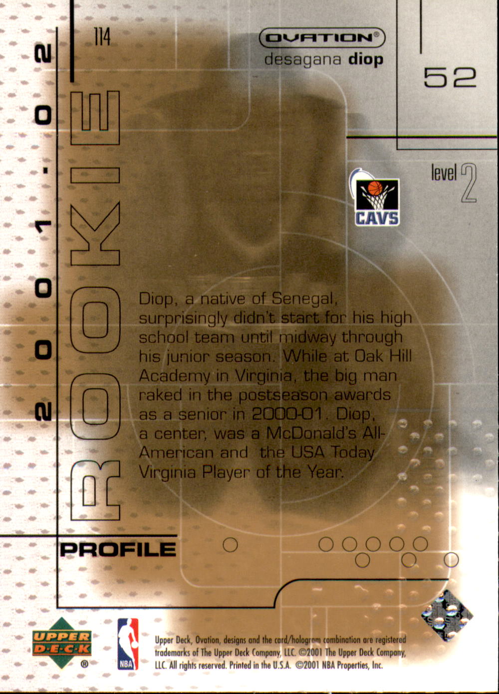 2001-02 Upper Deck Ovation #114A DeSagana Diop P RC back image