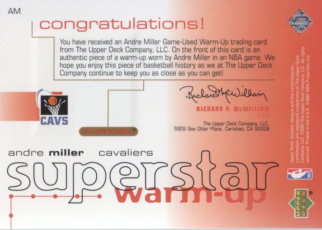 2001-02 Upper Deck Ovation Superstar Warm-Ups #AM Andre Miller back image