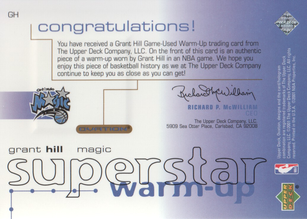 2001-02 Upper Deck Ovation Superstar Warm-Ups #GH Grant Hill back image
