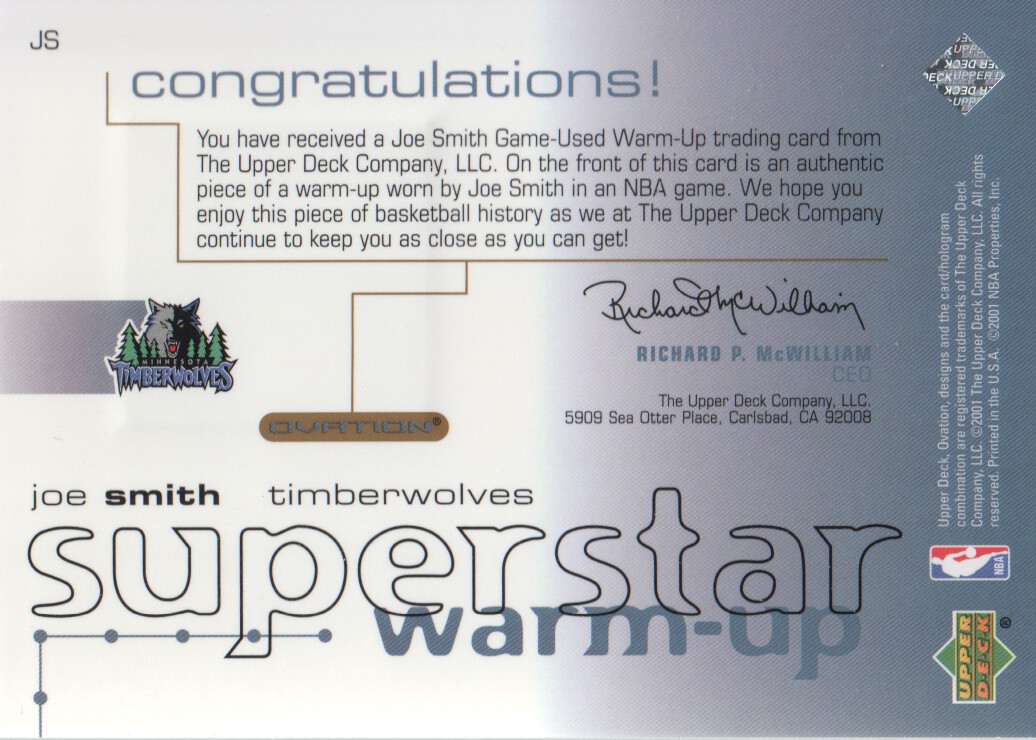 2001-02 Upper Deck Ovation Superstar Warm-Ups #JS Joe Smith back image