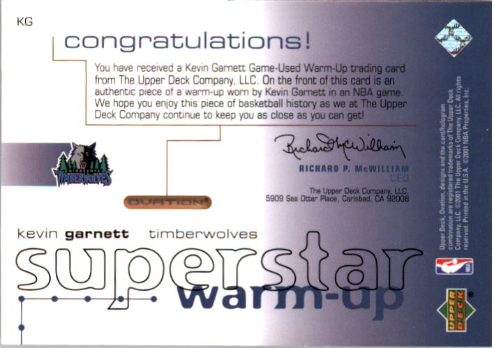 2001-02 Upper Deck Ovation Superstar Warm-Ups #KG Kevin Garnett back image