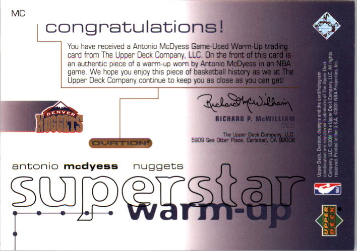 2001-02 Upper Deck Ovation Superstar Warm-Ups #MC Antonio McDyess back image