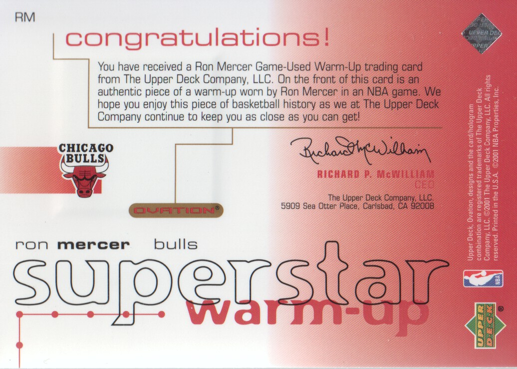 2001-02 Upper Deck Ovation Superstar Warm-Ups #RM Ron Mercer back image