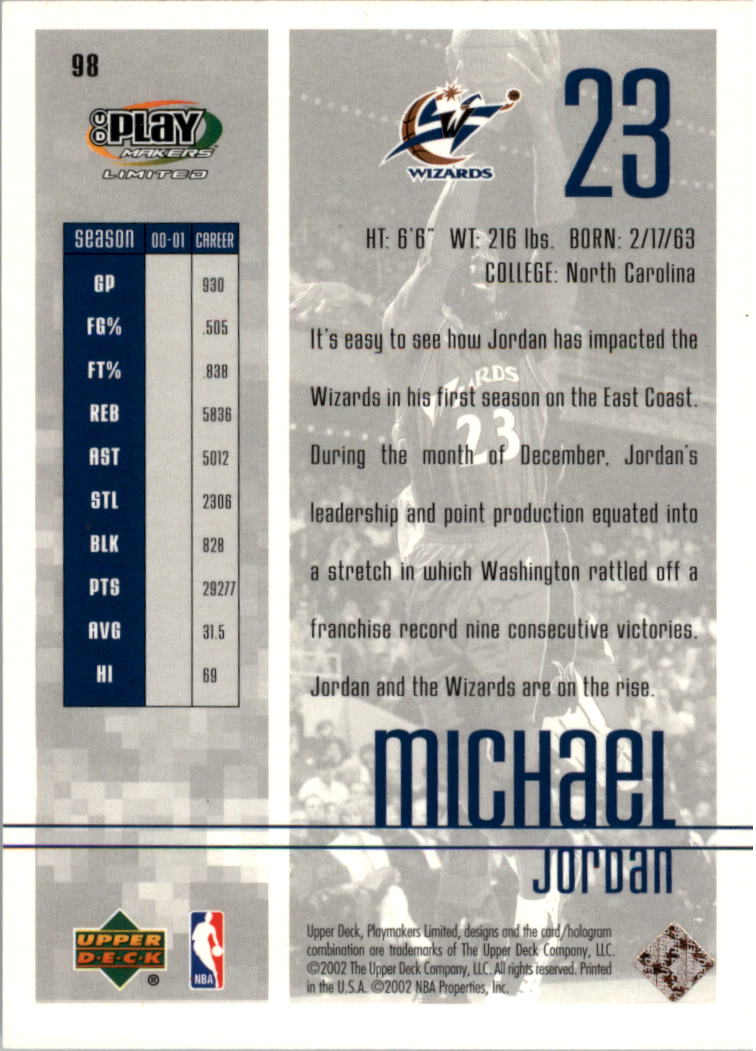 2001 UD Playmakers Limited #98 Michael Jordan Washington Wizards Basketball Card
