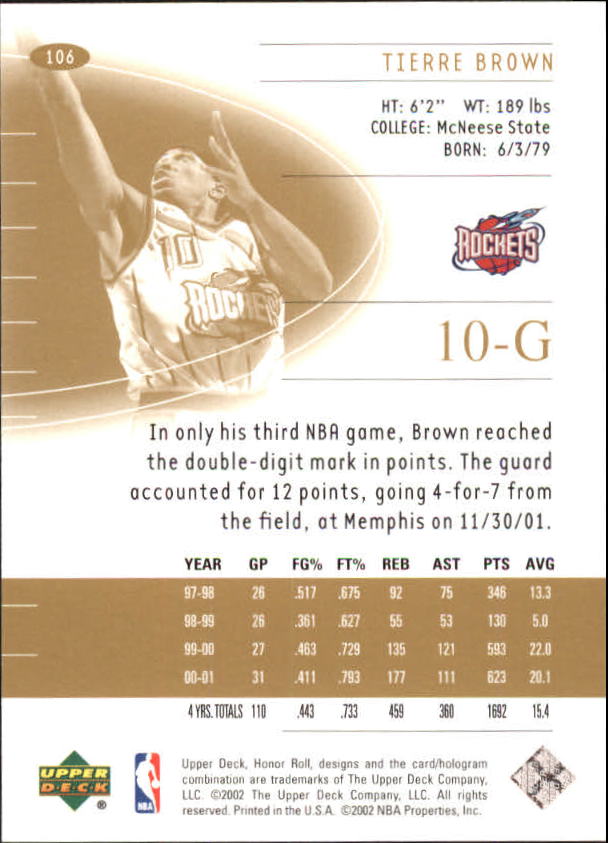 2001-02 Upper Deck Honor Roll #106 Tierre Brown RC back image