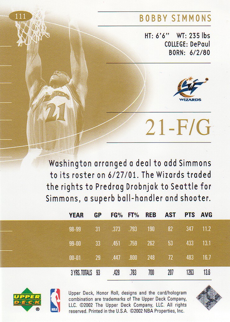 2001-02 Upper Deck Honor Roll #111 Bobby Simmons RC back image