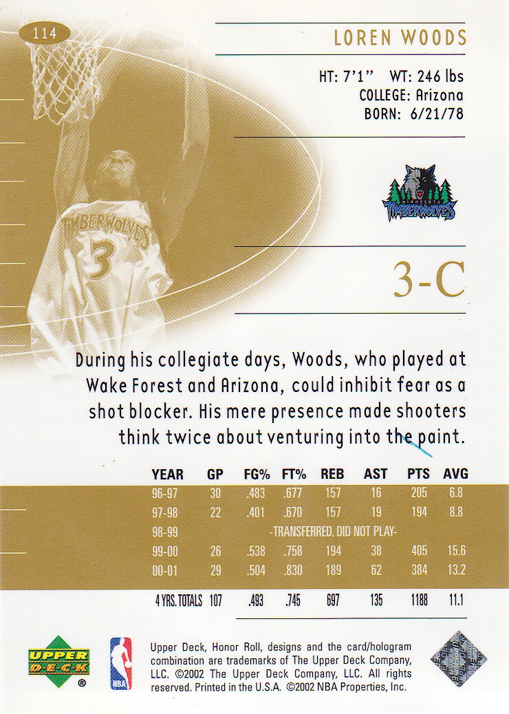 2001-02 Upper Deck Honor Roll #114 Loren Woods RC back image