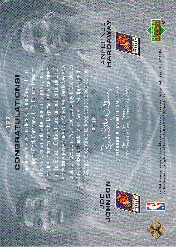 2001-02 Upper Deck Inspirations #127 Anfernee Hardaway JSY/Joe Johnson JSY RC back image