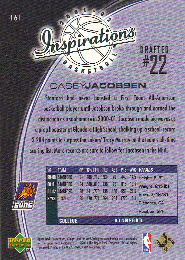 2001-02 Upper Deck Inspirations #161 Casey Jacobsen XRC back image