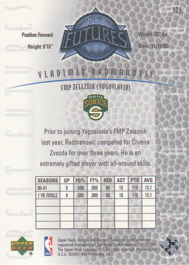 2001-02 Upper Deck Legends #121 Vladimir Radmanovic RC back image