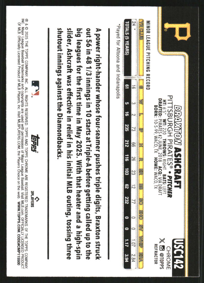 2025 Topps Chrome Update Refractors #USC142 Braxton Ashcraft