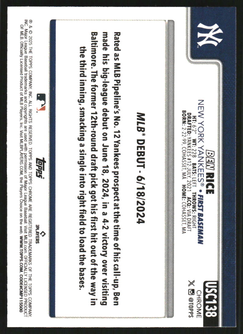 2025 Topps Chrome Update X-Fractors #USC138 Ben Rice