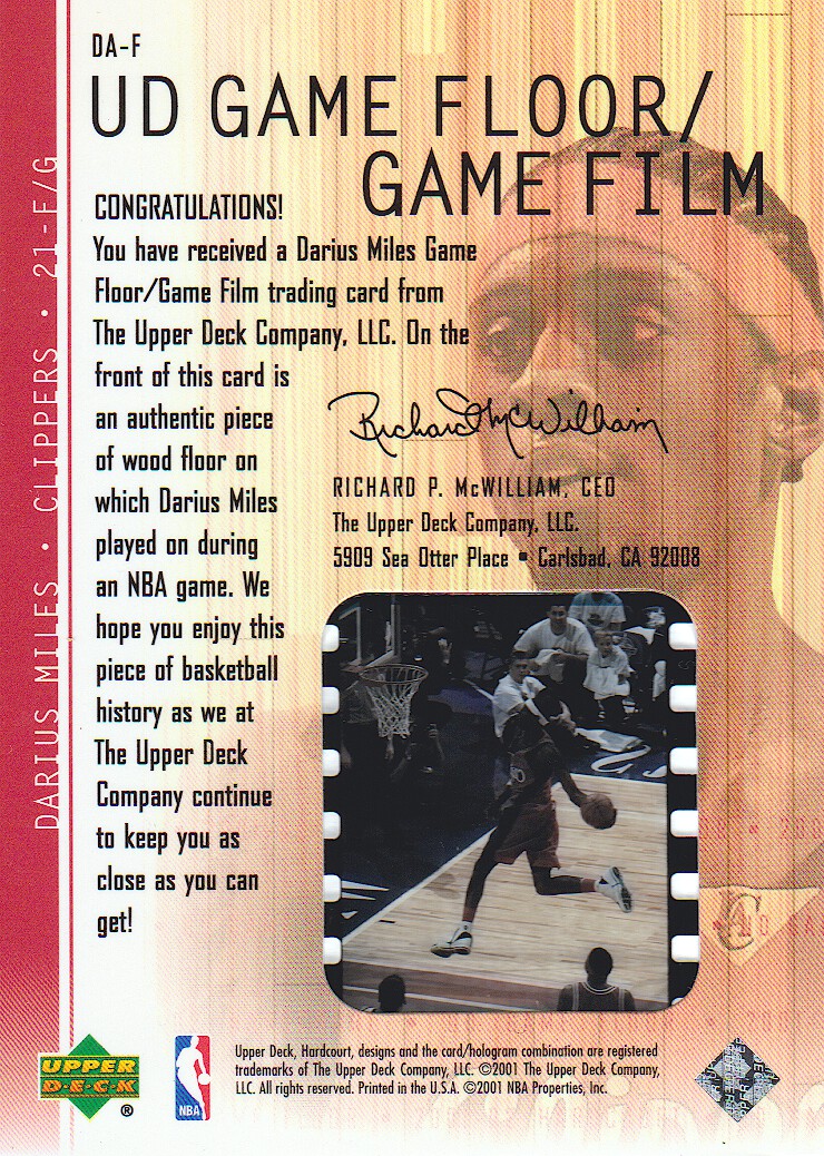 2001-02 Upper Deck Hardcourt UD Game Film/Floor #DAF Darius Miles back image