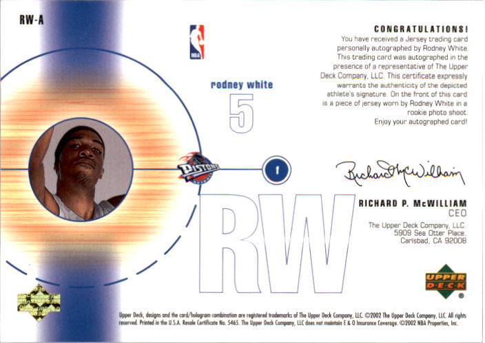 2001-02 Upper Deck Game Jerseys Autographs 2 #RWA Rodney White back image