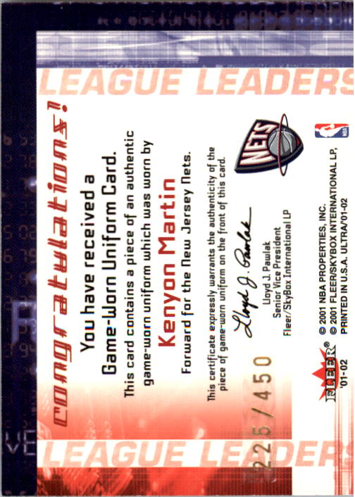 2001-02 Ultra League Leaders Game Worn #14 Kenyon Martin back image