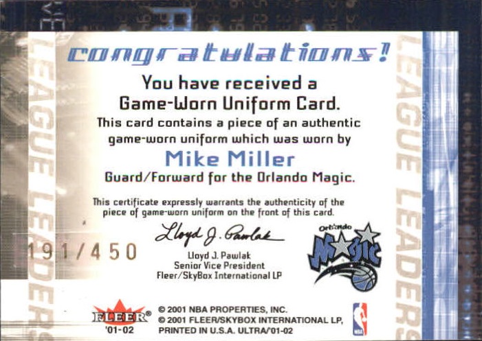 2001-02 Ultra League Leaders Game Worn #15 Mike Miller back image