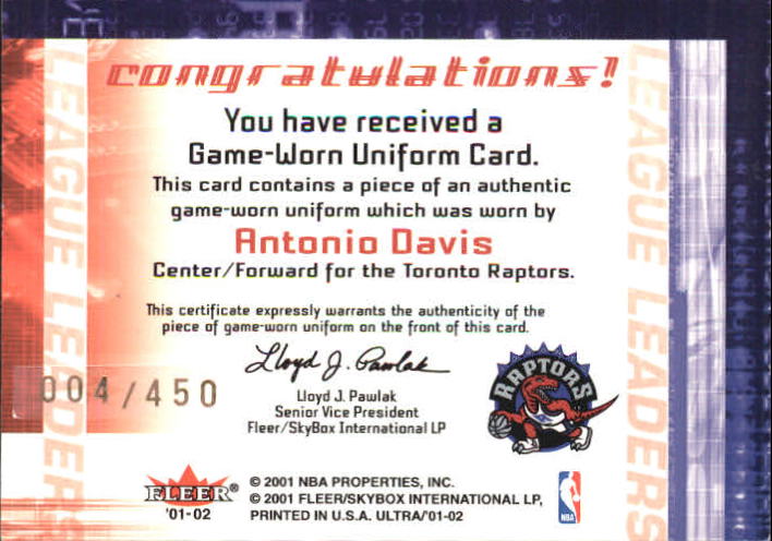 2001-02 Ultra League Leaders Game Worn #16 Antonio Davis back image