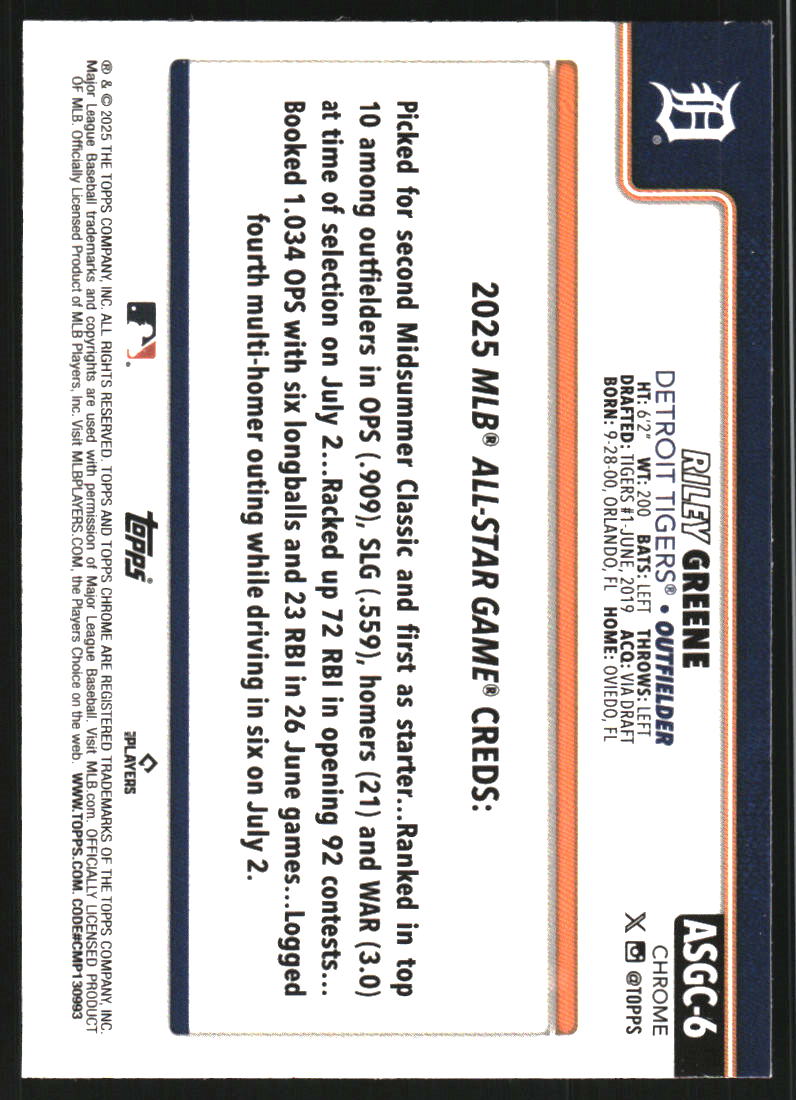 2025 Topps Chrome Update '25 All-Star Game #ASGC6 Riley Greene