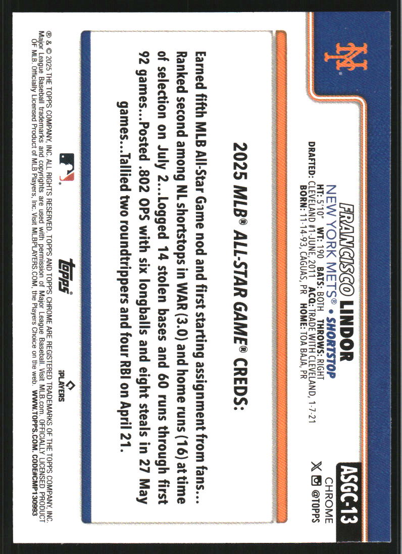 2025 Topps Chrome Update '25 All-Star Game #ASGC13 Francisco Lindor