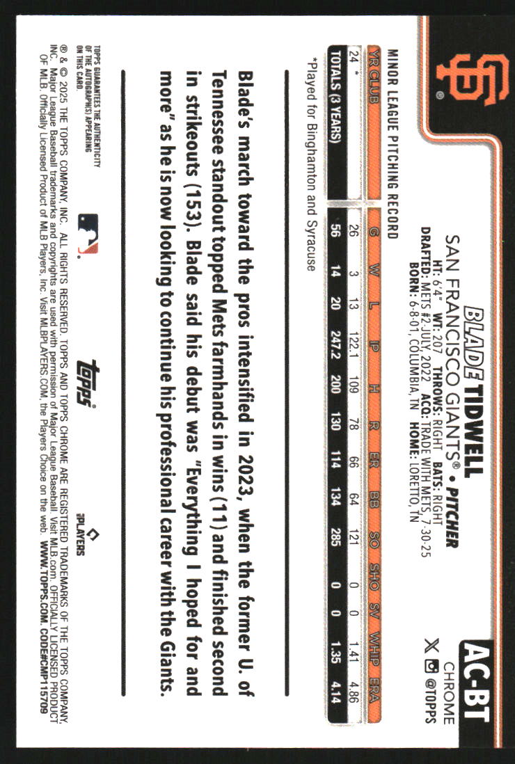 2025 Topps Chrome Update Autographs #ACBT Blade Tidwell Auto