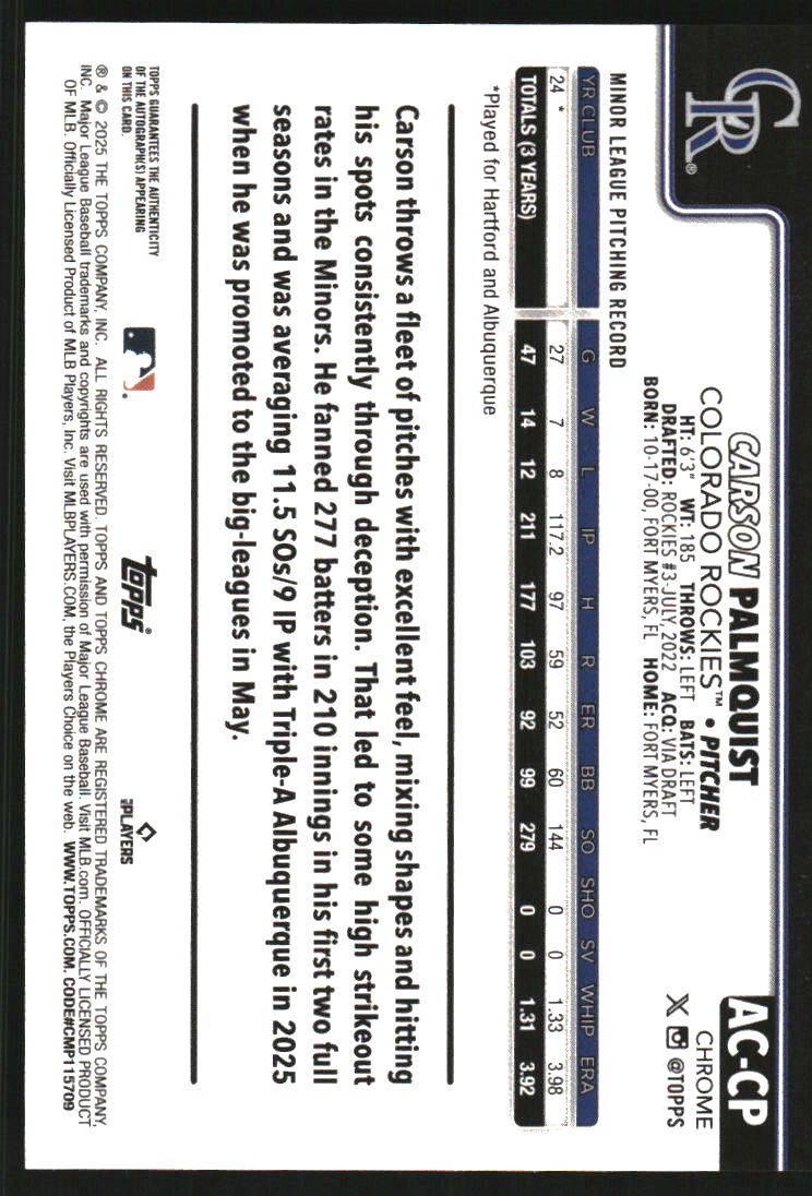 2025 Topps Chrome Update Autographs #ACCP Carson Palmquist Auto
