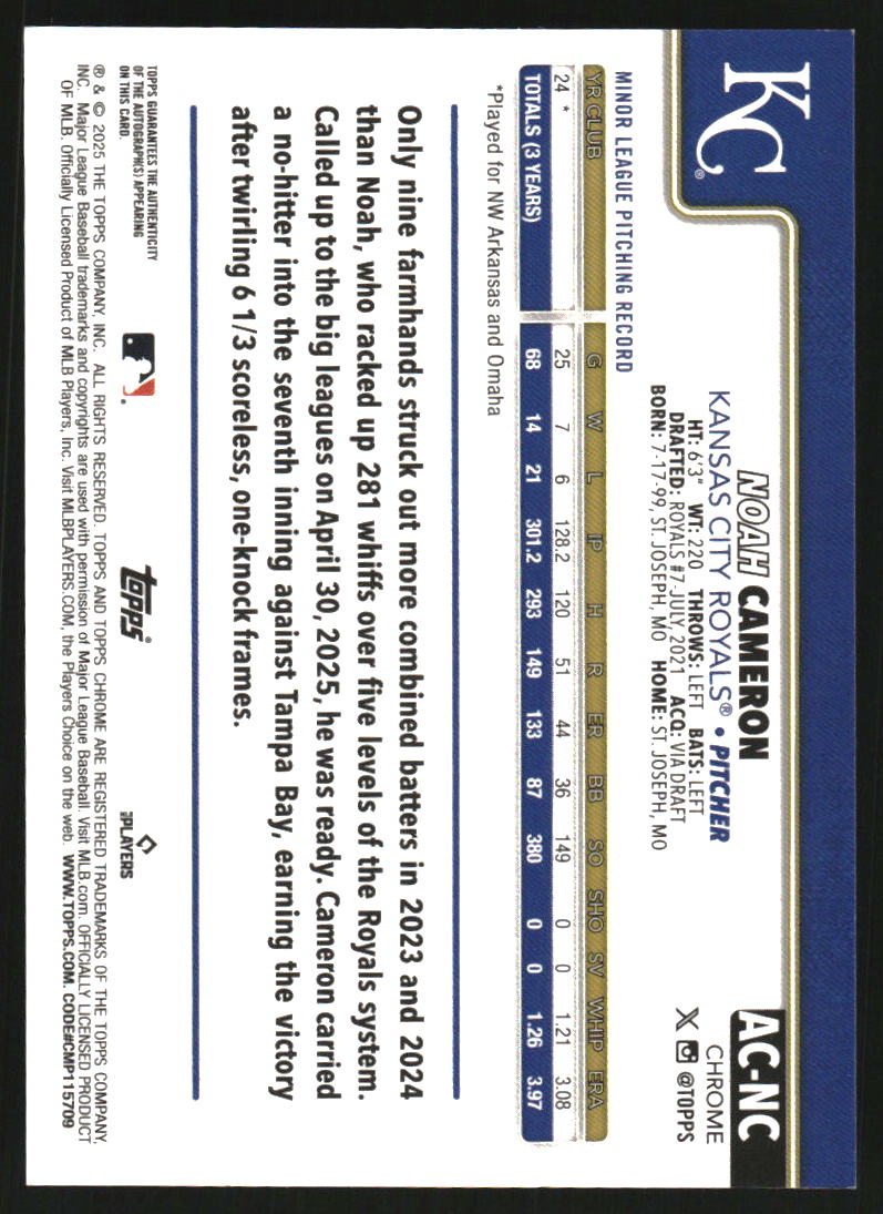 2025 Topps Chrome Update Autographs #ACNC Noah Cameron Auto