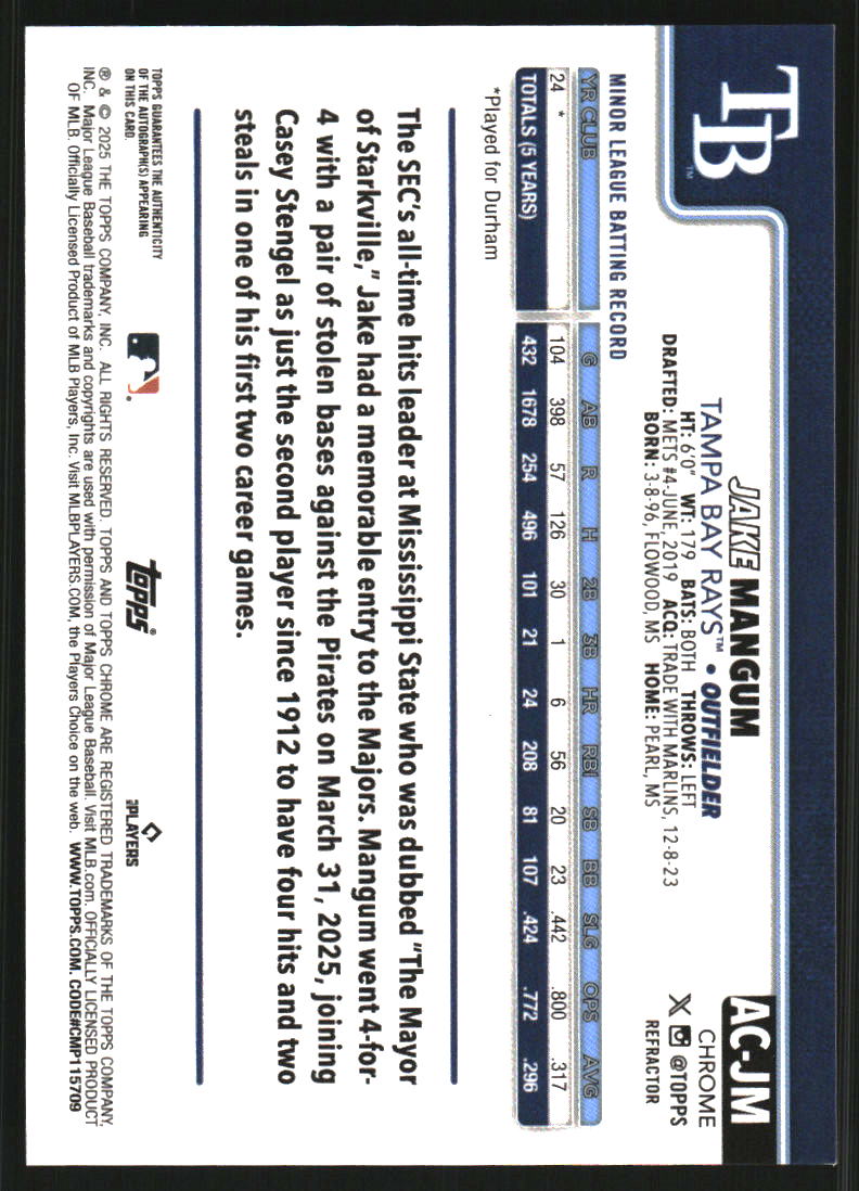 2025 Topps Chrome Update Autographs Refractors #ACJM Jake Mangum Auto /499