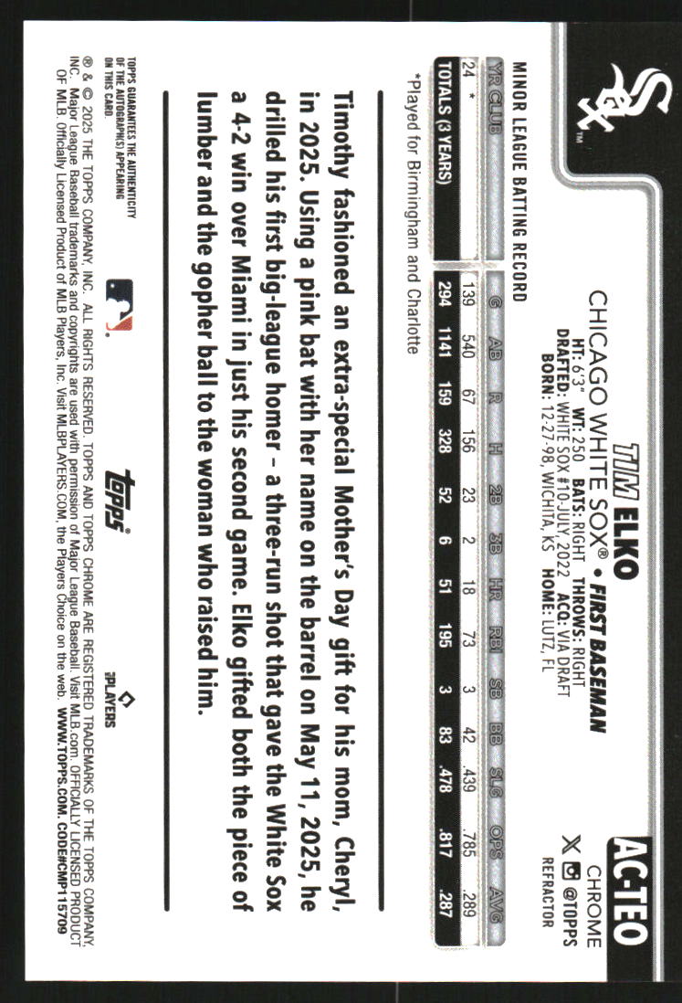 2025 Topps Chrome Update Autographs Refractors #ACTEO Tim Elko Auto /499