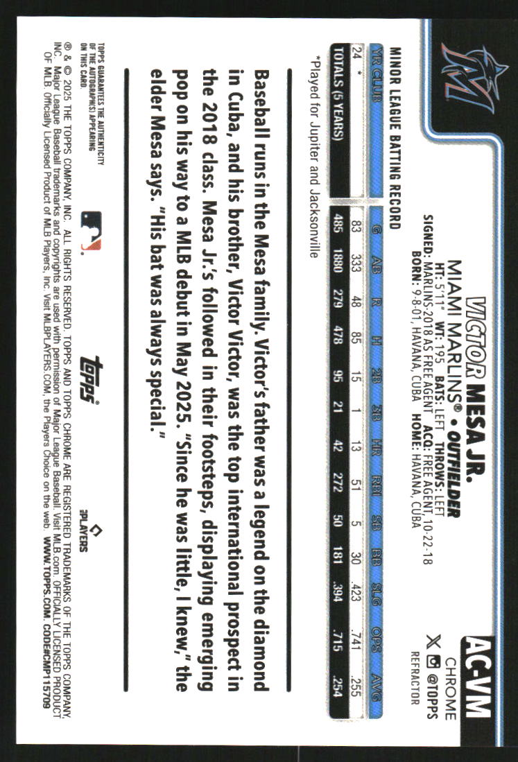 2025 Topps Chrome Update Autographs Refractors #ACVM Victor Mesa Jr. Auto /499