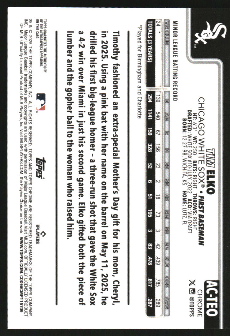 2025 Topps Chrome Update Autographs Purple Speckle Refractors #ACTEO Tim Elko Auto /299