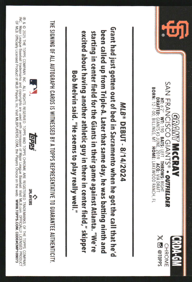 2025 Topps Chrome Update Rookie Debut Autographs #CRDAGM Grant McCray Auto