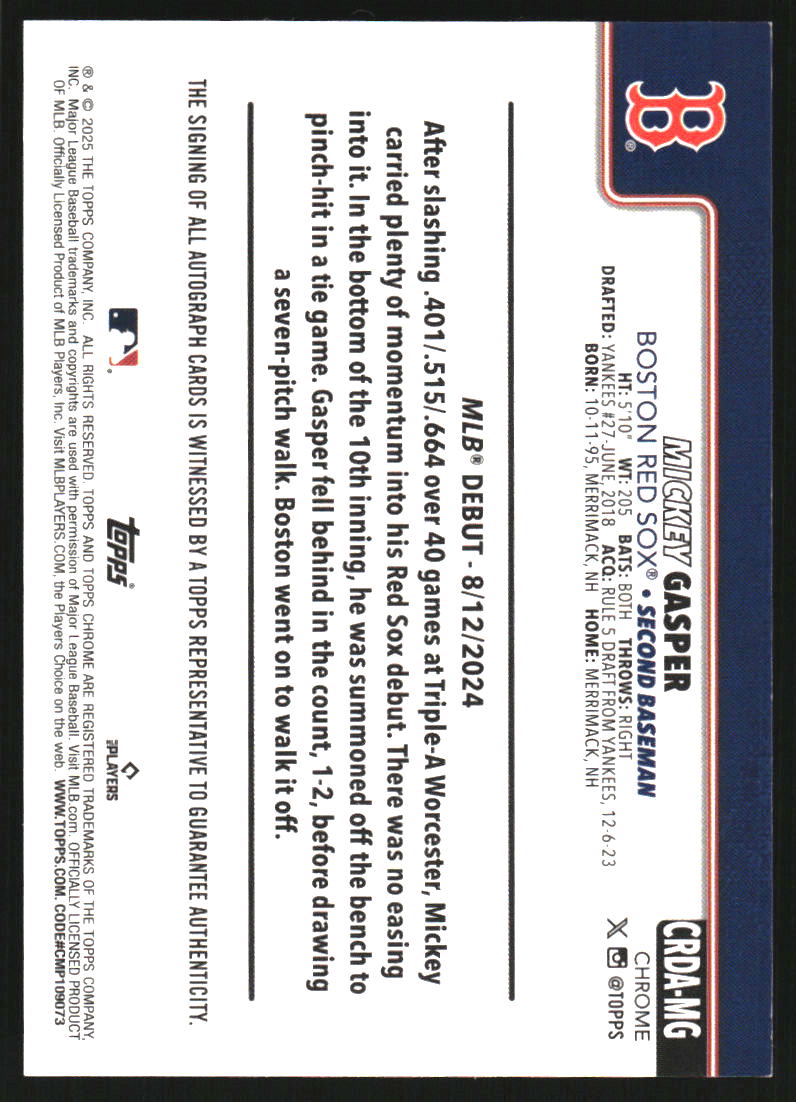 2025 Topps Chrome Update Rookie Debut Autographs #CRDAMG Mickey Gasper Auto