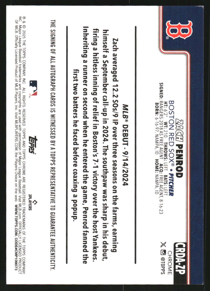 2025 Topps Chrome Update Rookie Debut Autographs Purple Refractors #CRDAZP Zach Penrod Auto /250
