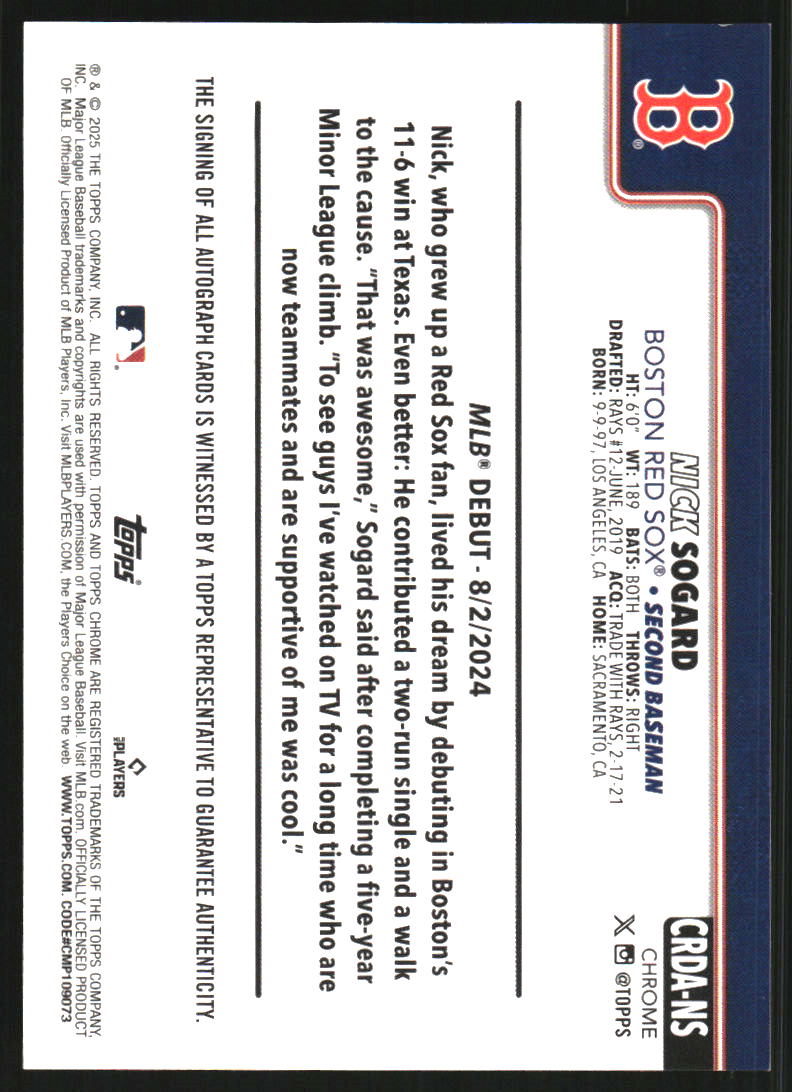 2025 Topps Chrome Update Rookie Debut Autographs Blue RayWave Refractors #CRDANS Nick Sogard Auto /150