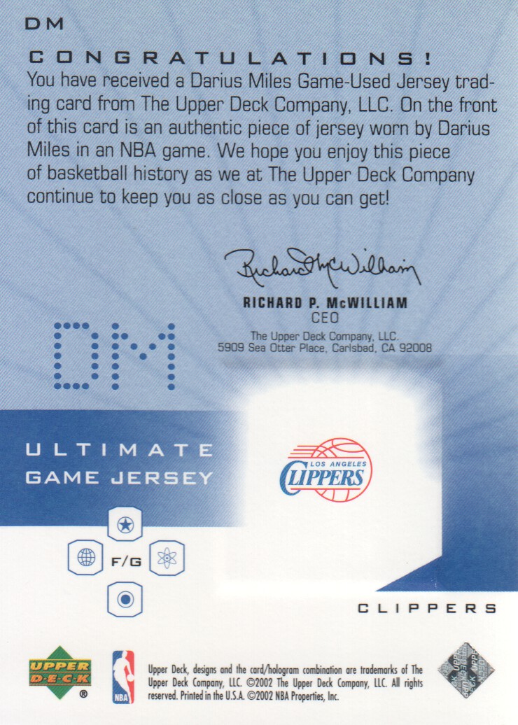 2001-02 Ultimate Collection Jerseys #DM Darius Miles back image
