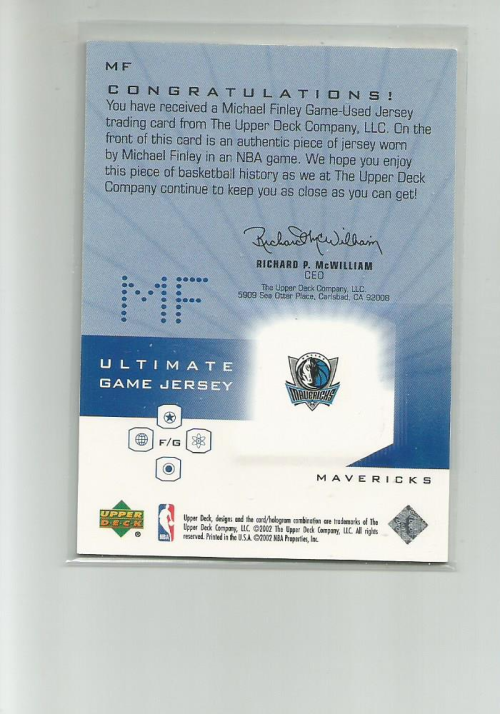 2001-02 Ultimate Collection Jerseys #MF Michael Finley back image