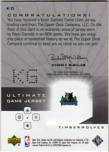 2001-02 Ultimate Collection Jerseys Silver #KG Kevin Garnett back image