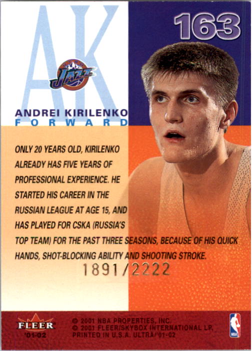 2001-02 Ultra #163 Andrei Kirilenko RC back image