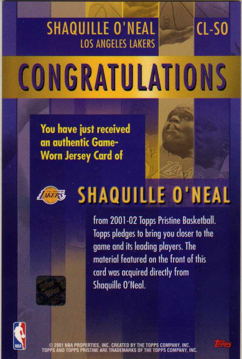 2001-02 Topps Pristine Team Topps Captain Oversized #CLSO Shaquille O'Neal back image