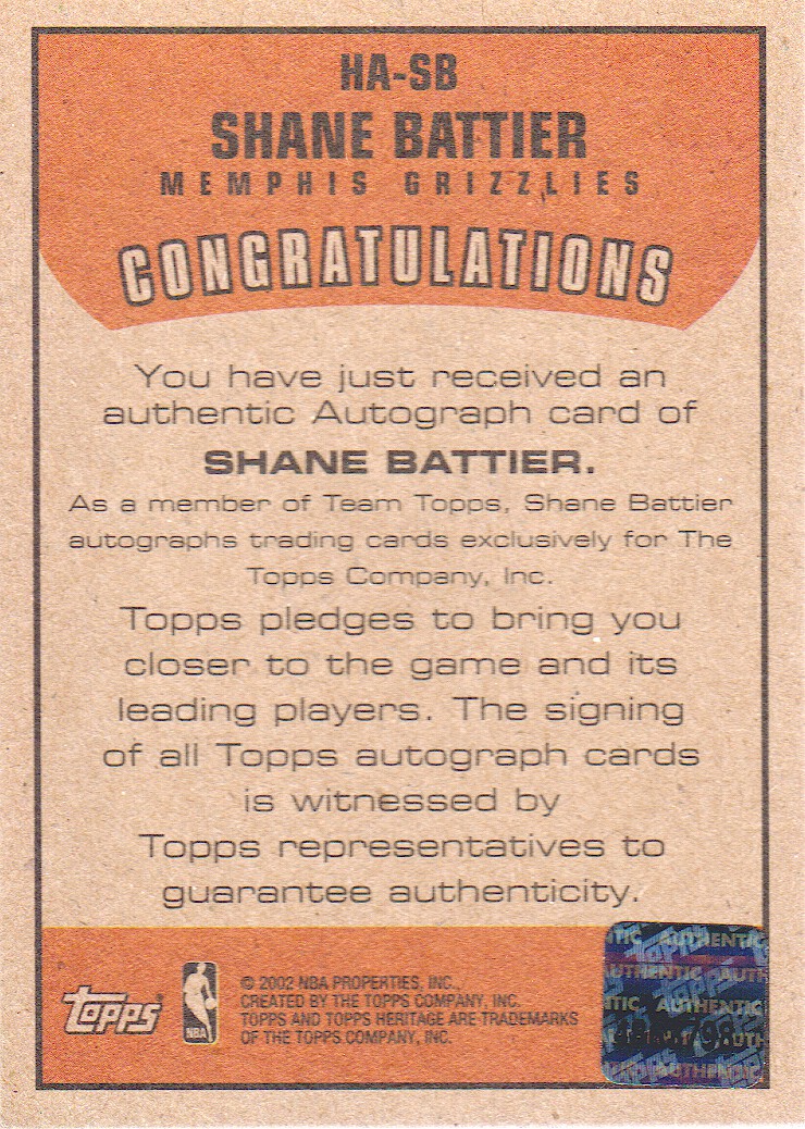 2001-02 Topps Heritage Autographs #11 Shane Battier back image