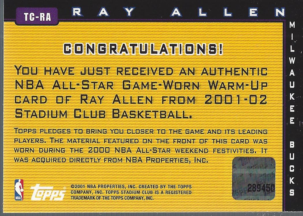 2001-02 Stadium Club Touch of Class #TCRA Ray Allen back image