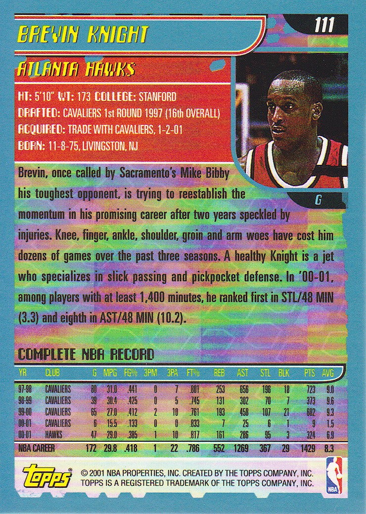 2001-02 Topps #111 Brevin Knight back image