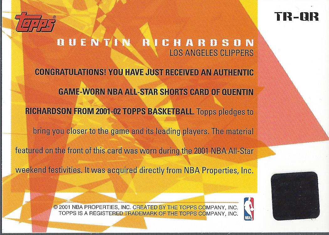 2001-02 Topps All-Star Remnants #TRQR Quentin Richardson back image
