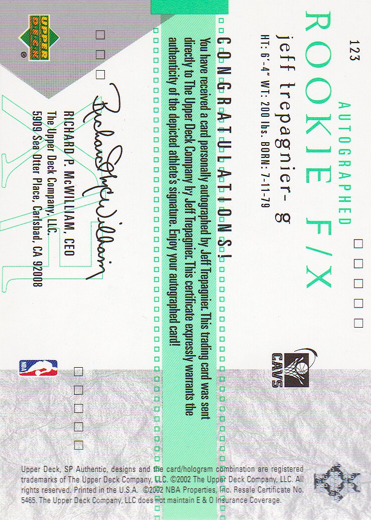2001-02 SP Authentic #123 Jeff Trepagnier AU RC back image